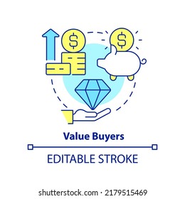 Value Buyers Concept Icon. Product Quality Priority. Dealing With Customers Abstract Idea Thin Line Illustration. Isolated Outline Drawing. Editable Stroke. Arial, Myriad Pro-Bold Fonts Used