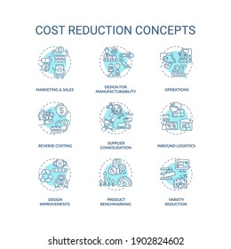 Value chain components light blue concept icons set. Reducing unnecessary costs. Company optimization idea thin line RGB color illustrations. Vector isolated outline drawings. Editable stroke