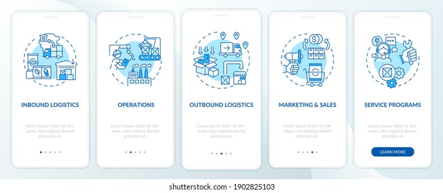 Value Chain Components Onboarding Mobile App Page Screen With Concepts. Operations Optimization Walkthrough 5 Steps Graphic Instructions. UI Vector Template With RGB Color Illustrations