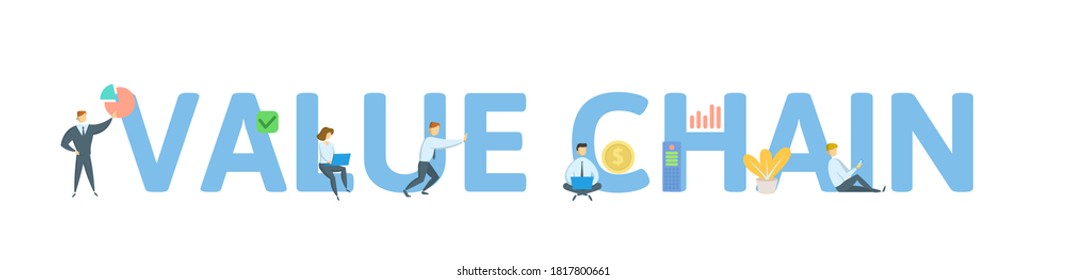 Value Chain. Concept with keywords, people and icons. Flat vector illustration. Isolated on white background.