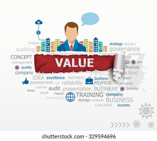 Value concept and business man. Value design illustration concepts for business, consulting, finance, management, career.