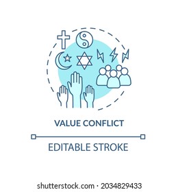 Value conflict blue concept icon. Disagreement about personal beliefs and religion. Conflict management abstract idea thin line illustration. Vector isolated outline color drawing. Editable stroke