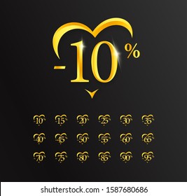 Value discounts, 10 percent sale, gold numbers and heart, label or sign. Design for Promotions, discounts, exclusive offers and sales on Valentine's Day.
