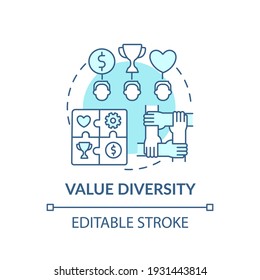 Value Diversity Concept Icon. Top Management Diversity Types. Differences Between Workers. Multicultural Idea Thin Line Illustration. Vector Isolated Outline RGB Color Drawing. Editable Stroke