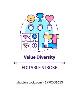 Value diversity concept icon. Top management diversity types. Differences between people. Multicultural idea thin line illustration. Vector isolated outline RGB color drawing. Editable stroke