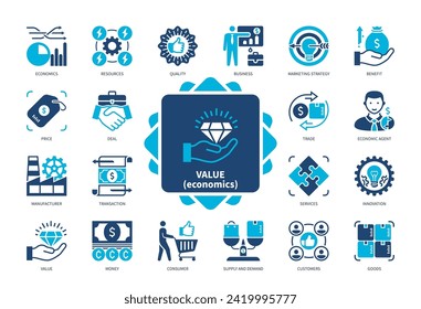 Symbol-Set für Wert (Wirtschaft). Produktion, Kunden, Waren, Marketingstrategie, Service, Qualität, Innovation, Verbraucher. Duotone-Farbsymbole