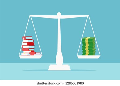 Value of education concept. Vector of a stack of books on a scale balancing pile of dollar cash 