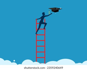 Value education. man climbs up and grabs a high graduation cap on the cloud