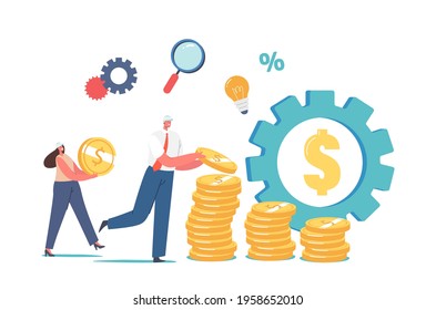 Value Engineering Concept. Tiny Engineers Characters in Helmets Collect Huge Golden Coins in Stacks, Huge Gear with Dollar Sign, People Saving Money, Grow Value Account. Cartoon Vector Illustration