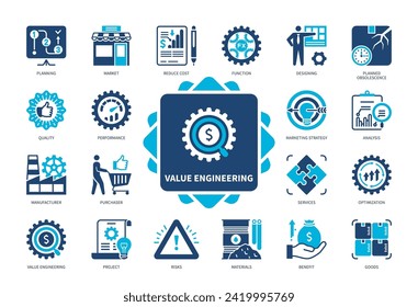 Value Engineering icon set. Planned Obsolescence, Performance, Reduce Cost, Materials, Manufacturer, Purchaser, Function, Quality, Optimization. Duotone color solid icons