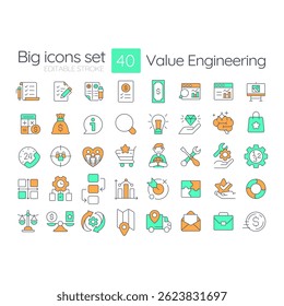 Conjunto de iconos de color de línea de ingeniería de valor. Público objetivo, marketing. Gestión de procesos, diagrama de flujo de trabajo. Ilustraciones vectoriales. Sencillos símbolos planos y coloridos colección. Trazo editable