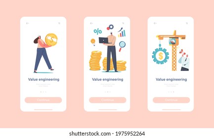 Value Engineering Mobile App Page Onboard Screen Template. Engineers Characters in Hard Hats Work, Collect Gold Coins in Stacks, Tower Crane Pull Huge Gear Concept. Cartoon People Vector Illustration