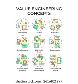 Value engineering multi color concept icons. Data analysis, statistical metrics. Workflow organization. Icon pack. Vector images. Round shape illustrations for infographic. Abstract idea