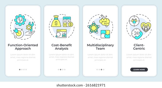 Value engineering principles onboarding mobile app screen. Walkthrough 4 steps editable graphic instructions with linear concepts. UI, UX, GUI