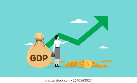 value of goods and service produced by a country in a certain time, GDP, Gross domestic product, balance of import and export, woman stand with money bag with GDP word and growing graph and chart