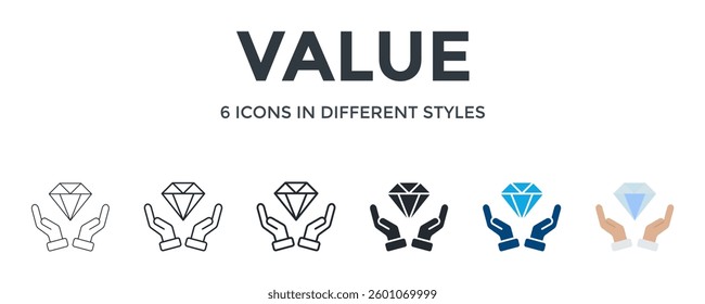 Value Icon In Different Style Vector Illustration. Designed In Thin Line, Regular Line, Bold Line, Glyph, Color Fill, And Flat Style Can Be Used For Web