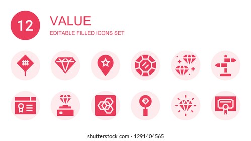 value icon set. Collection of 12 filled value icons included Sign, Diamond, Favourite, Certificate, Extension manager