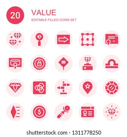 value icon set. Collection of 20 filled value icons included Diamond, Sign, Allocation, Certificate, Certification, Libra, Extension manager, Favourite, Dollar coins