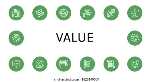 value icon set. Collection of Data mining, Bond, Libra, Proposal, Diamond, Sign, Pride, Signage, Certificate icons