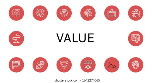 value icon set. Collection of Sign, Diamond, Pride, Data mining, Yield, Mission, Certificate icons