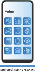 value icon set. included online shop, shopping bag, sale, 24-hours, shirt, package, shop, chat, discount, phone call, delivery truck, stopwatch icons on phone design background . linear styles.