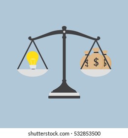 Value of Idea, Idea Bulb And Moneybag On The Scale