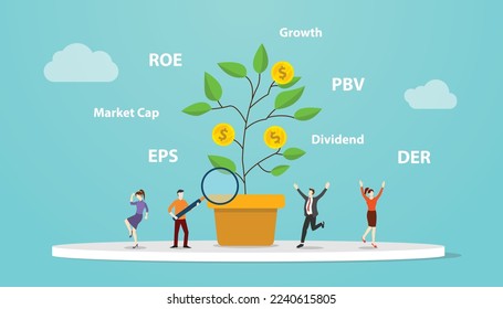 value investing concept with big tree growth with ratio company analysis like pbv eps der with modern flat style