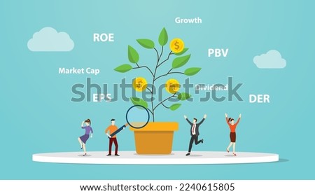 value investing concept with big tree growth with ratio company analysis like pbv eps der with modern flat style
