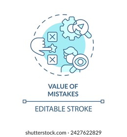 Value of mistakes soft blue concept icon. Learning trial by error. Researching. Problem solving. Round shape line illustration. Abstract idea. Graphic design. Easy to use in presentation