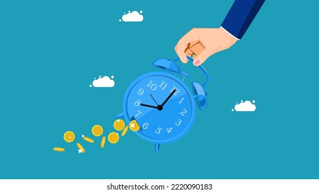 The value of money decreases over time. Businessman holding a watch with leaking money