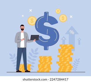 Value of money. Young guy stands next to stacks of gold coins against background of dollar sign. Financial literacy and economics. Investing and trading concept. Cartoon flat vector illustration