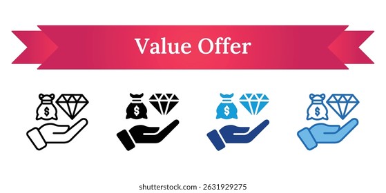 Value Offer - Outline, Glyph Silhouette Black Fill, Dual tone, Blue, Multi Style Icon - Hand offering a money bag and diamond — represents business value, premium service, or investment
