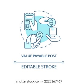 Value payable post turquoise concept icon. Pay after receiving. Cash on delivery abstract idea thin line illustration. Isolated outline drawing. Editable stroke. Arial, Myriad Pro-Bold fonts used