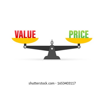 Value and Price balance on the scale. Balance on scale. Business Concept. Vector illustration.