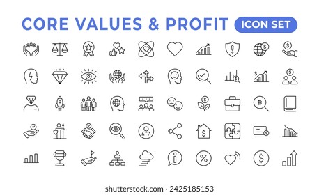 Value and Profit icons set. Outline illustration of icons. Core values line icons. Integrity. Vision, Social Responsibility, Commitment, Personal Growth, vector line icon set.