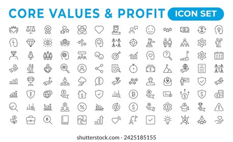 Value and Profit icons set. Outline illustration of icons. Core values line icons. Integrity. Vision, Social Responsibility, Commitment, Personal Growth, vector line icon set.