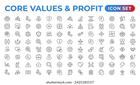 Value and Profit icons set. Outline illustration of icons. Core values line icons. Integrity. Vision, Social Responsibility, Commitment, Personal Growth, vector line icon set.