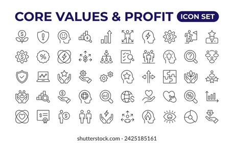 Value and Profit icons set. Outline illustration of icons. Core values line icons. Integrity. Vision, Social Responsibility, Commitment, Personal Growth, vector line icon set.