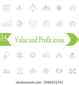 Value and Profit icons set. Outline illustration of icons. .Core values line icons. Integrity. Vision, Social Responsibility, .Commitment, Personal Growth, vector line