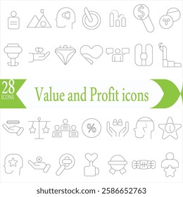 Value and Profit icons set. Outline illustration of icons. .Core values line icons. Integrity. Vision, Social Responsibility, .Commitment, Personal Growth, vector line