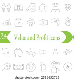 Value and Profit icons set. Outline illustration of icons. .Core values line icons. Integrity. Vision, Social Responsibility, .Commitment, Personal Growth, vector line