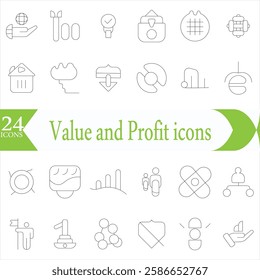 Value and Profit icons set. Outline illustration of icons. .Core values line icons. Integrity. Vision, Social Responsibility, .Commitment, Personal Growth, vector line