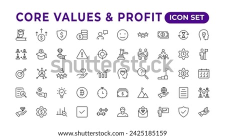 Value and Profit icons set. Outline illustration of icons. Core values line icons. Integrity. Vision, Social Responsibility, Commitment, Personal Growth, vector line icon set.
