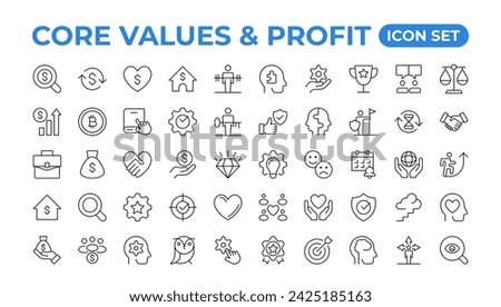 Value and Profit icons set. Outline illustration of icons. Core values line icons. Integrity. Vision, Social Responsibility, Commitment, Personal Growth, vector line icon set.