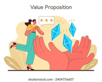 Value Proposition Konzept. Ein fesselndes Bild der Kundenzufriedenheit mit einer positiven Bewertung, zusammen mit wertvollem Feedback, der als Diamanten in den Händen des Unternehmens erscheint. Flache Vektorgrafik