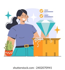 Value Proposition concept. Confident woman unveils a diamond, representing unmatched quality and worth, with checklist indicators of prime features. Superior business offering showcased. Flat vector