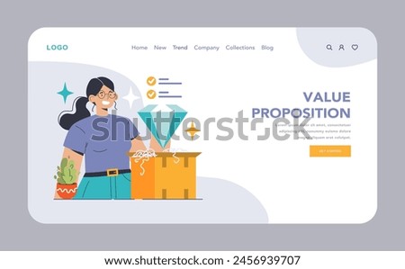 Value Proposition concept. Confident woman unveils a diamond, representing unmatched quality and worth, with checklist indicators of prime features. Superior business offering showcased. Flat vector