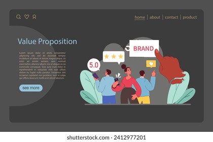 Concepto de propuesta de valor. Los clientes se involucran con una marca destacada que ofrece mejores índices de satisfacción. Ilustración vectorial plana.