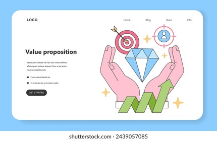 Concepto de propuesta de valor. Dos manos levantan un diamante brillante mientras una flecha golpea el objetivo y un icono de usuario emerge. Representar la garantía de calidad, el enfoque específico y el enfoque en el cliente