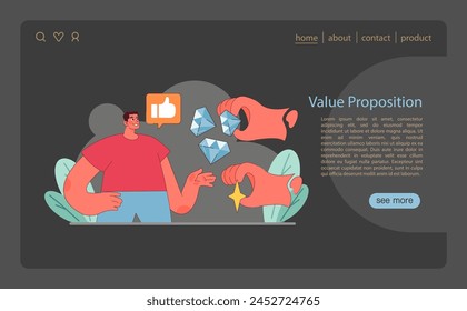 Value Proposition design. Illustrates the articulation of product benefits and brand promise, essential for capturing market attention in niche marketing. Flat vector illustration.